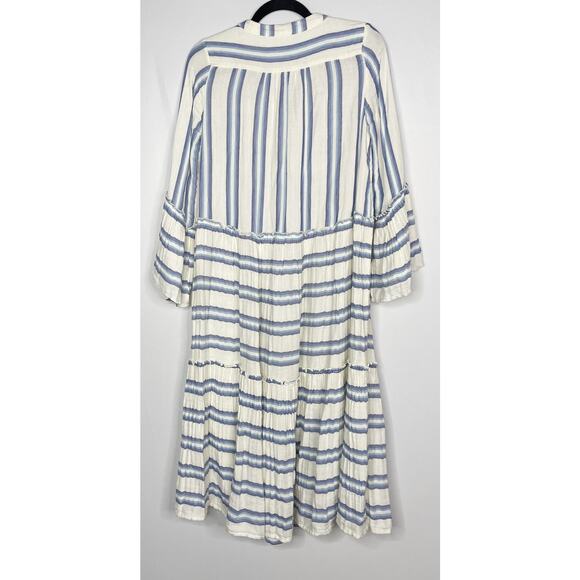 Faherty Small Cream Blue Striped Dream Cotton Gauze Vidi Midi Dress Long Sleeve - Picture 2 of 15